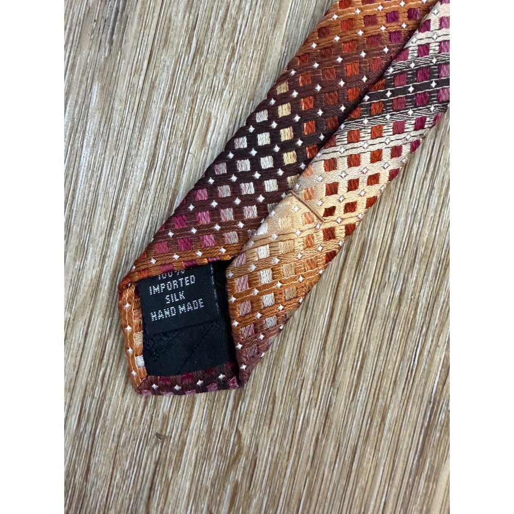 Kenneth Cole New York Mens Silk Tie Brown Orange Geometric Grid Handmade Necktie - Picture 2 of 4